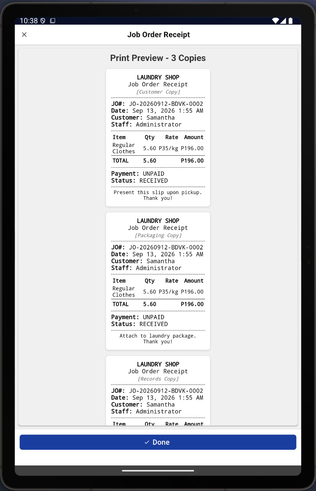 LPOS receipt preview showing customer, packaging and records copies