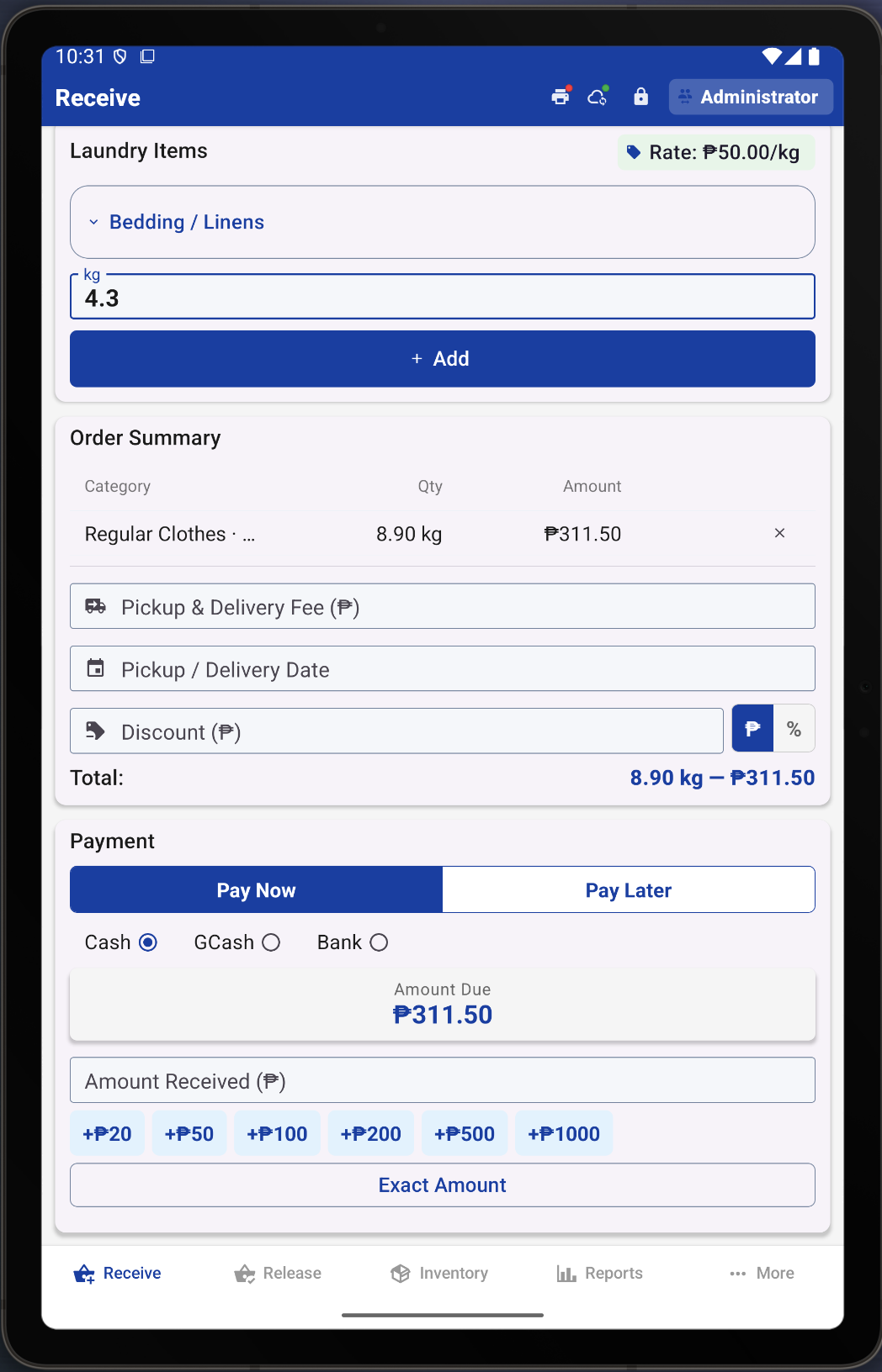 LPOS Receive screen on an Android tablet showing an order for Johanna with a ₱622.50 total