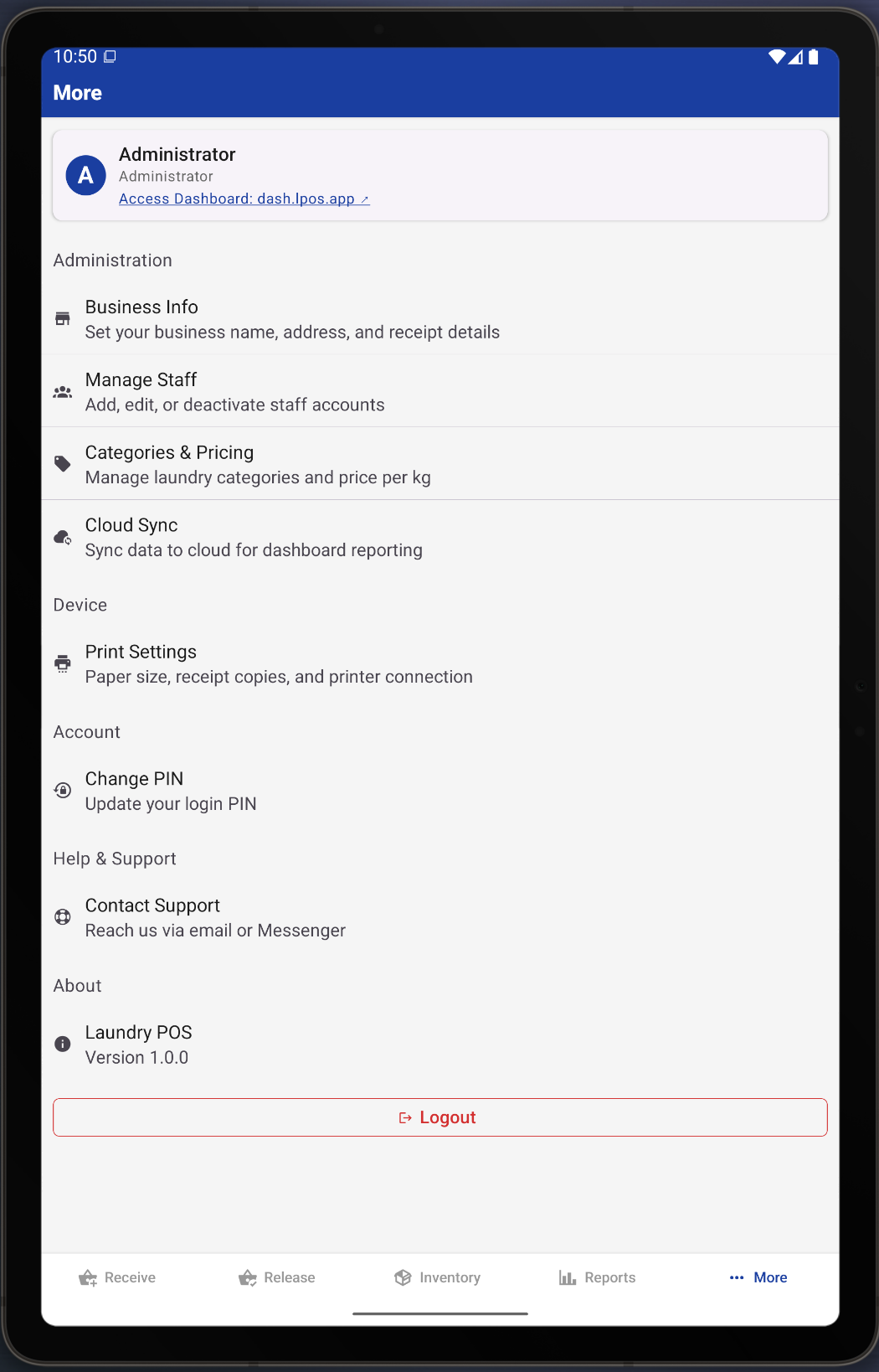 The LPOS settings screen where you enter your shop name and details
